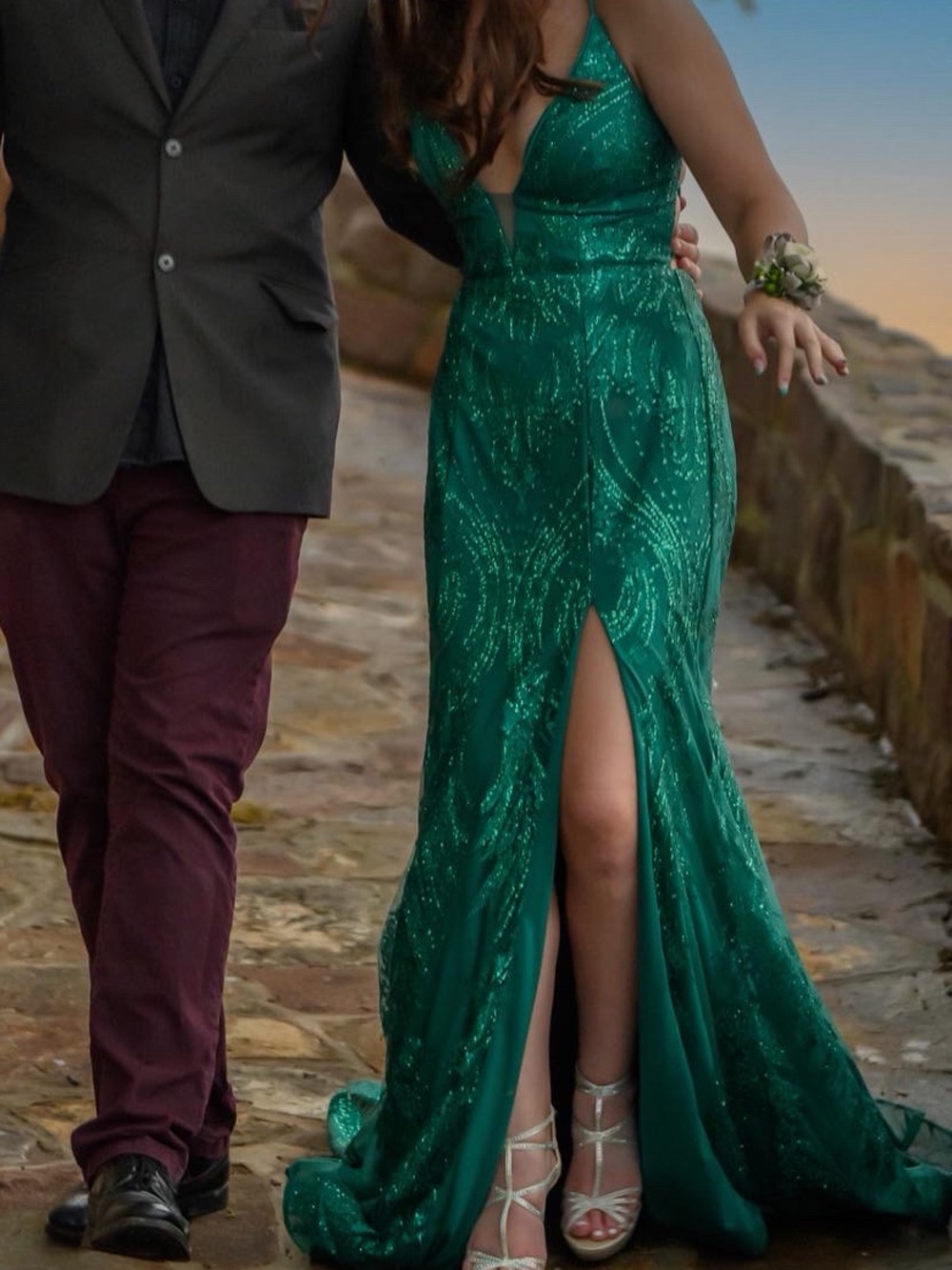 Emerald Green glittery Prom dress with Front Slit